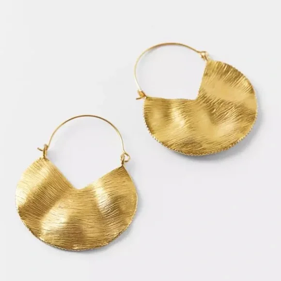 Gold Textured Crescent Hoop Earrings - Picture 2 of 4